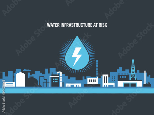 City skyline with water infrastructure at risk concept  industrial buildings and lightning bolt