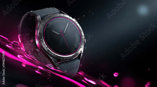 Elegant Smartwatch with Pink Accent: A sleek, modern smartwatch with a dark face and vibrant pink accents, suspended in a dynamic splash of liquid.