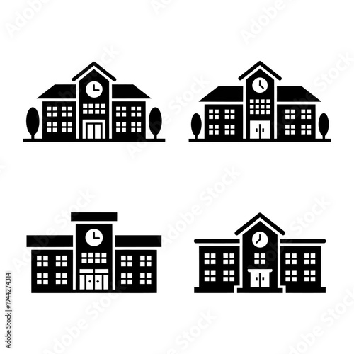 Four black and white school building icons with clock towers and trees outside