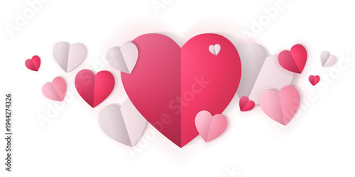 Pink and white origami paper hearts collage isolated on transparent background.. Valentines day concept. Love, feelings, tenderness design. Vector PNG