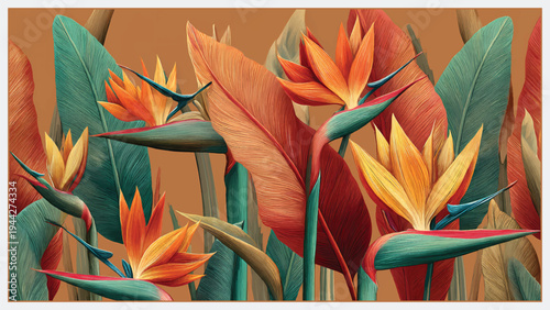 Stylish tropical botanical wallpaper featuring lush leaves and elegant blooming flowers in a modern decorative composition. Ideal for wallpaper design, home interior decoration, digital backgrounds, w