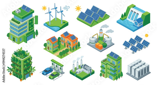 Isometric illustration showcasing diverse renewable energy sources and infrastructure