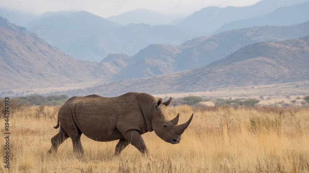 Fototapeta premium African rhinoceros walking through dry grassland with distant mountain range, calm mood