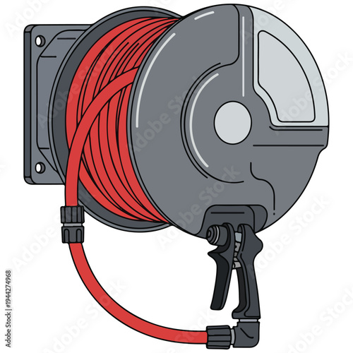 Wall Mounted Air Hose Reel With Spray Gun Flat Vector Illustration
