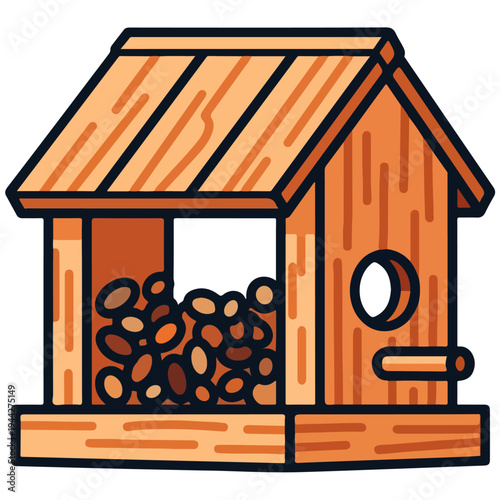 wooden birdhouse feeder with birdseed flat vector illustration