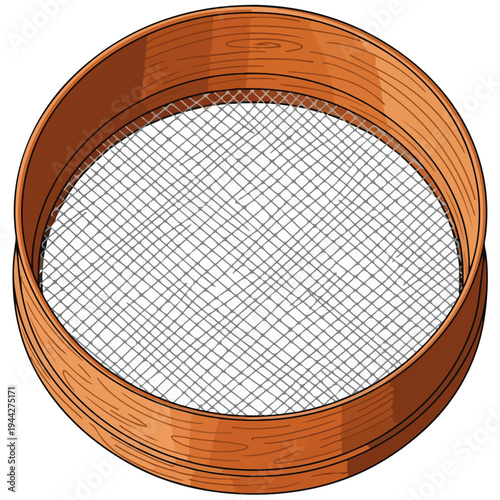 Wooden Round Mesh Sieve Kitchen Tool Vector Illustration