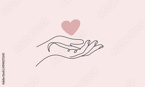 Minimalist continuous line drawing of a heart hovering over an open female palm, concept of charity, hope and care on pink background. Vector illustration