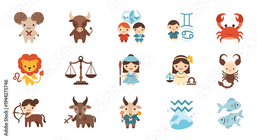 Zodiac Signs Vector Illustration, Flat Design, Astrology Concept for Horoscope