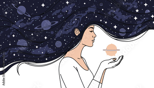 A woman with galaxy hair holds a planet in her hand