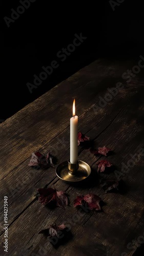 Moody autumn scene with burning candle and dark red leaves