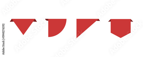 Red corner ribbon labels. Folded paper banner tags. Sale promotion corner badges.