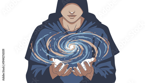 A mystical woman holding a swirling galaxy in her hands peacefully