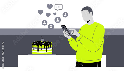 A young man in a yellow shirt celebrates his birthday on social media with a cake