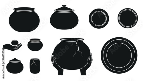 A set of black silhouette pottery icons and illustrations
