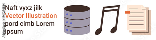 Digital storage, media management, document archiving, data organization, multimedia content, audio files. Icons of database storage, music note and document. Media management and document archiving