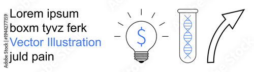 Finance, innovation, science, growth, technology, analytics. Light bulb with dollar sign, DNA test tube and upward arrow. Finance and innovation concept blending technology and science