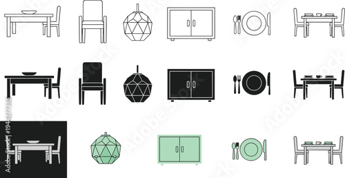 Dining room furniture icons set table chair pendant lamp cabinet plate cutlery interior home vector illustration collection design elements