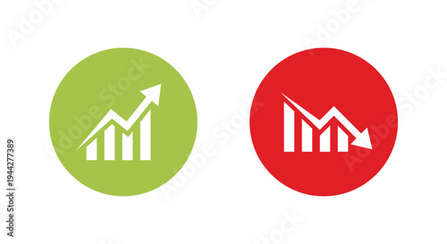 Uptrend and downtrend graph icon in green and red circle. Growth and drop chart symbol