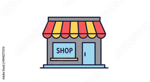 Cartoon shop building illustration with striped awning and doorway vector design