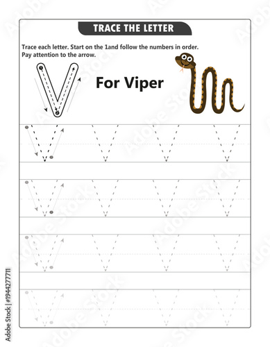 Letter V Tracing Worksheet for Kids - Viper Alphabet Handwriting Practice Page