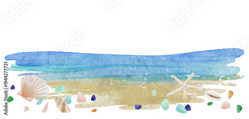 Wall Mural Watercolor summer beach background with seashells and sea glass-300dpi-