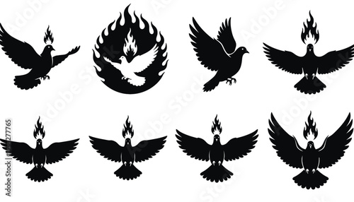 Dove silhouette icons with flames on a white background