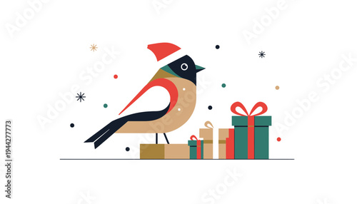 A festive bird wearing a Santa hat stands beside wrapped Christmas gifts