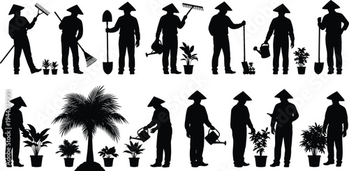 Gardener working with plants silhouette collection vector set people gardening watering rake shovel tropical plants landscaping activity isolated illustration