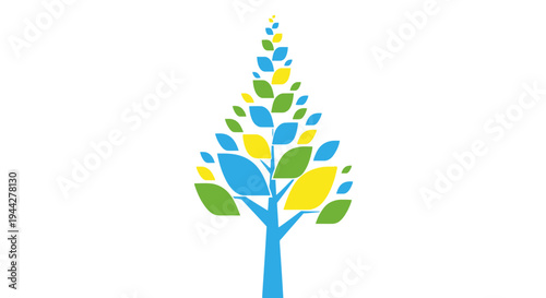 Stylized tree illustration with colorful leaves against a clean white background