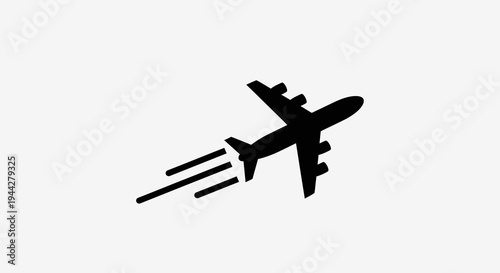 Black airplane silhouette with speed lines on white background