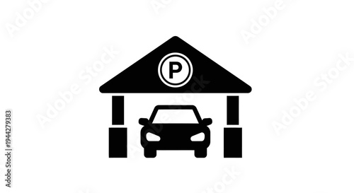 Black Car Parking Garage Icon Silhouette Isolated on White