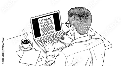 Line art of man reviewing resume on laptop at desk