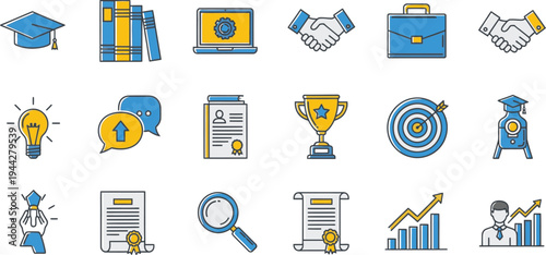 Set of flat line icons for business education and success