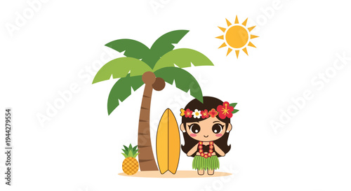 Hula Girl with Palm Tree Vector Illustration, Summer Vacation Theme