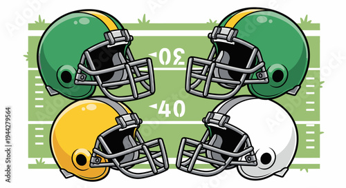 Collection of Colorful American Football Helmets on Field