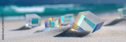 Iridescent glass cubes on white sandy beach with turquoise ocean waves sunlight prisms and sparkling refractions across dunes