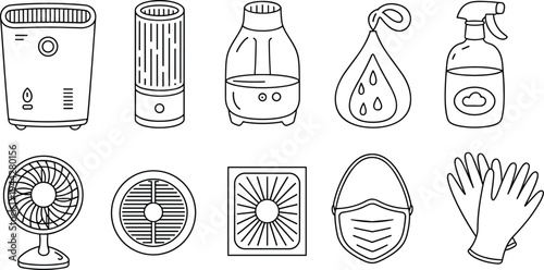 Air purifier cleaning hygiene line icons set with humidifier spray bottle mask gloves fan ventilation filter healthcare vector illustration