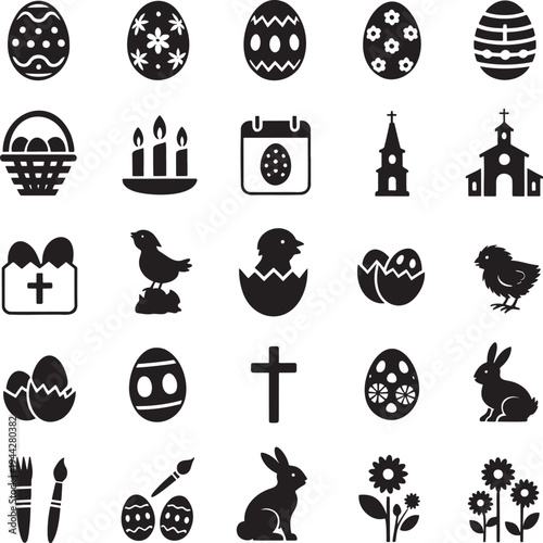 A comprehensive collection of black silhouette Easter celebration icons featuring decorated eggs and festive bunnies