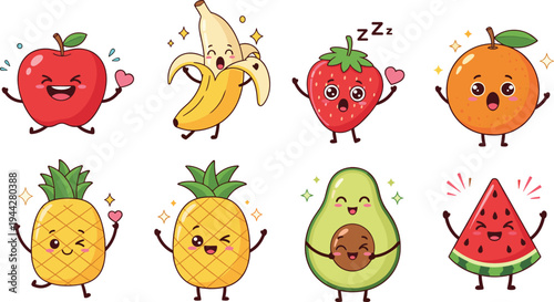 Cute kawaii fruit cartoon characters vector set featuring apple, banana, strawberry, orange, pineapple, avocado and watermelon illustrations