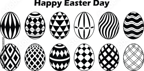 Happy Easter Day text above twelve black and white decorated Easter eggs with geometric patterns