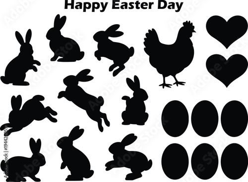 A delightful collection of black Easter bunny silhouettes with a chicken, eggs, and hearts for celebration