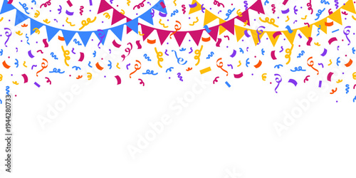 Colorful pattern with confetti and flags in a frame. Great for a birthday party or an event celebration invitation or decor. Surface pattern design.	