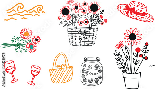 A collection of charming hand drawn summer vacation and picnic elements including flowers in baskets wine glasses a sun hat seashells in a jar and ocean waves perfect for cheerful seasonal decoration 