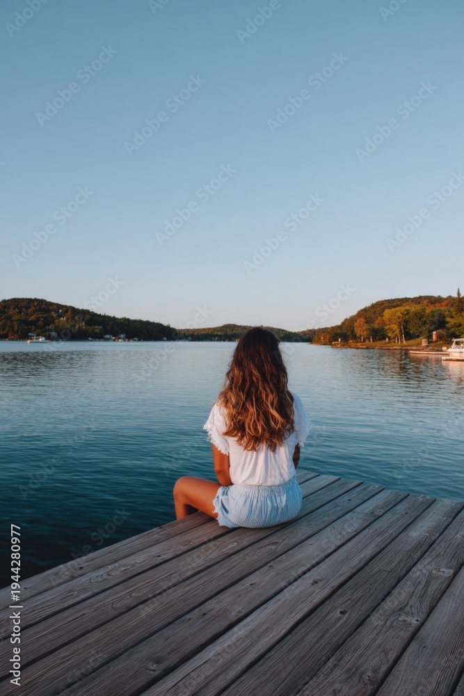 Fototapeta premium Female caucasian young sitting on a wooden dock facing a calm lake at sunset overlooking distant tree lined shore