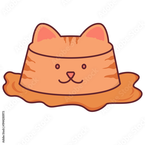 Orange tabby cat shaped pudding dessert with caramel sauce graphic