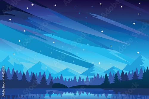 Aurora Borealis over Mountain Lake with Pine Forest at Night Stylized