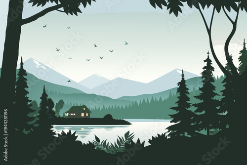 Cabin by Lake with Mountains and Trees in Silhouette Tranquil Landscape
