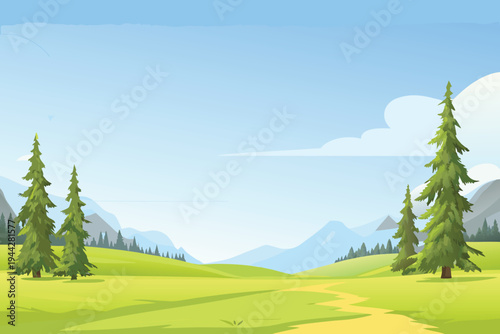 Tableau sur toile Cartoon Landscape with Green Hills Pine Trees and Winding Path Under Blue Sky