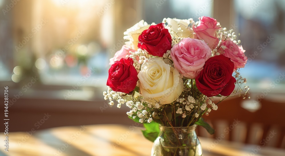 Obraz premium Romantic Rose Bouquet - Red, Pink, and White Roses with Babys Breath.
