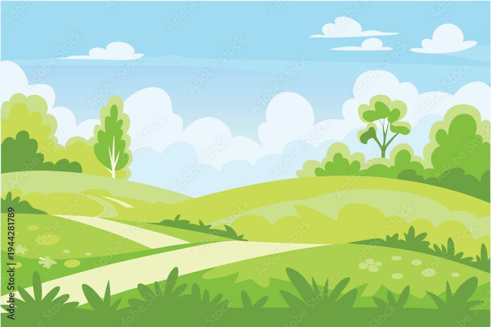 Obraz premium Cartoon Landscape with Winding Path Through Green Hills and Blue Sky Illustration